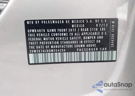 2013 Volkswagen Jetta 2.0L S from USA, damaged, VIN 3VW2K7AJ8DM354254